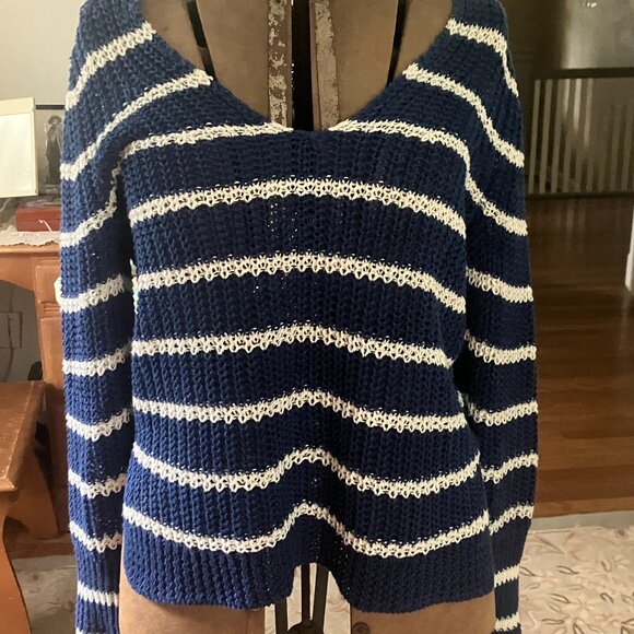Banana Republic Sweaters - Banana Republic Navy and White Striped V-Neck Sweater